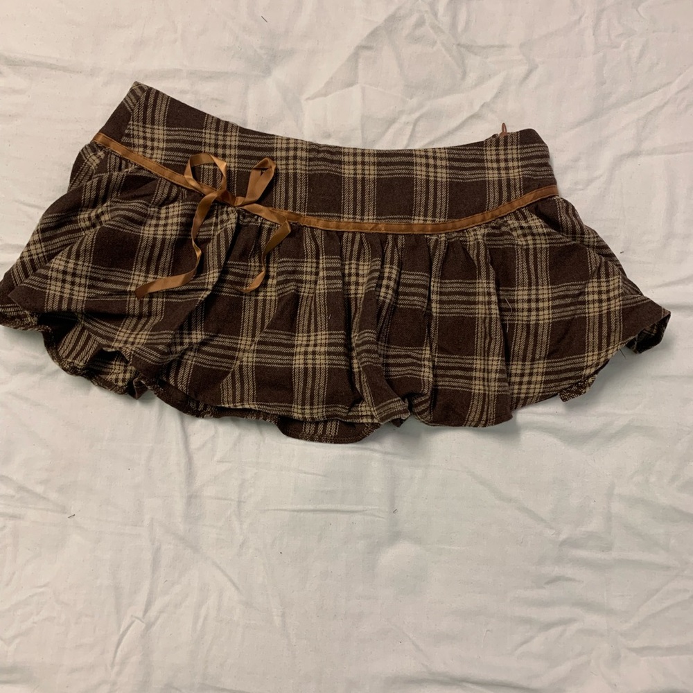 Brown Plaid Women's Skirt with Bow Accent